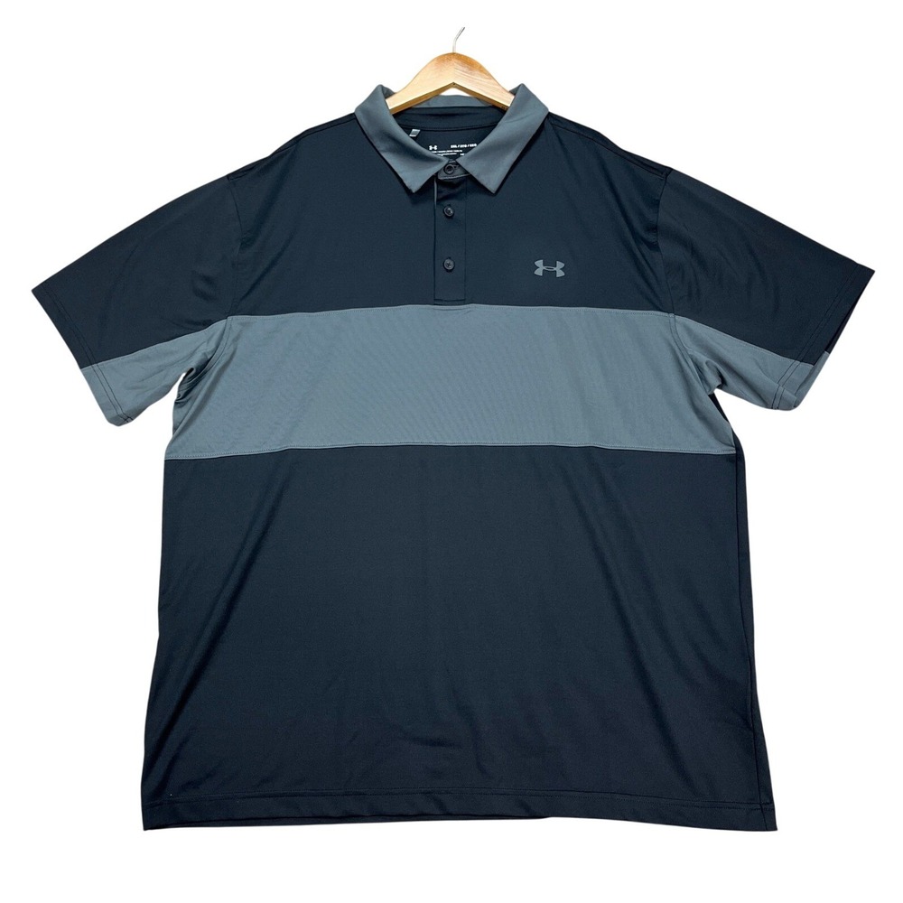 Under Armour Polo Shirt Men XXL Black Gray Colorblock Loose Fit Stretch HeatGear